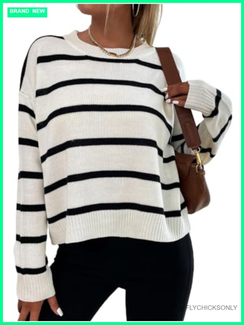 Striped Oversized Drop Shoulder Crew Neck Long Sleeve Sweater Pullover